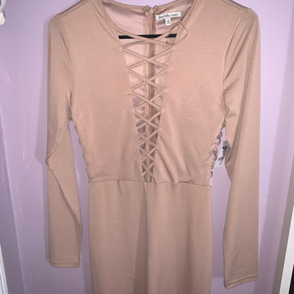 Charlotte Russe long sleeve champagne colored dress that comes to mid thigh